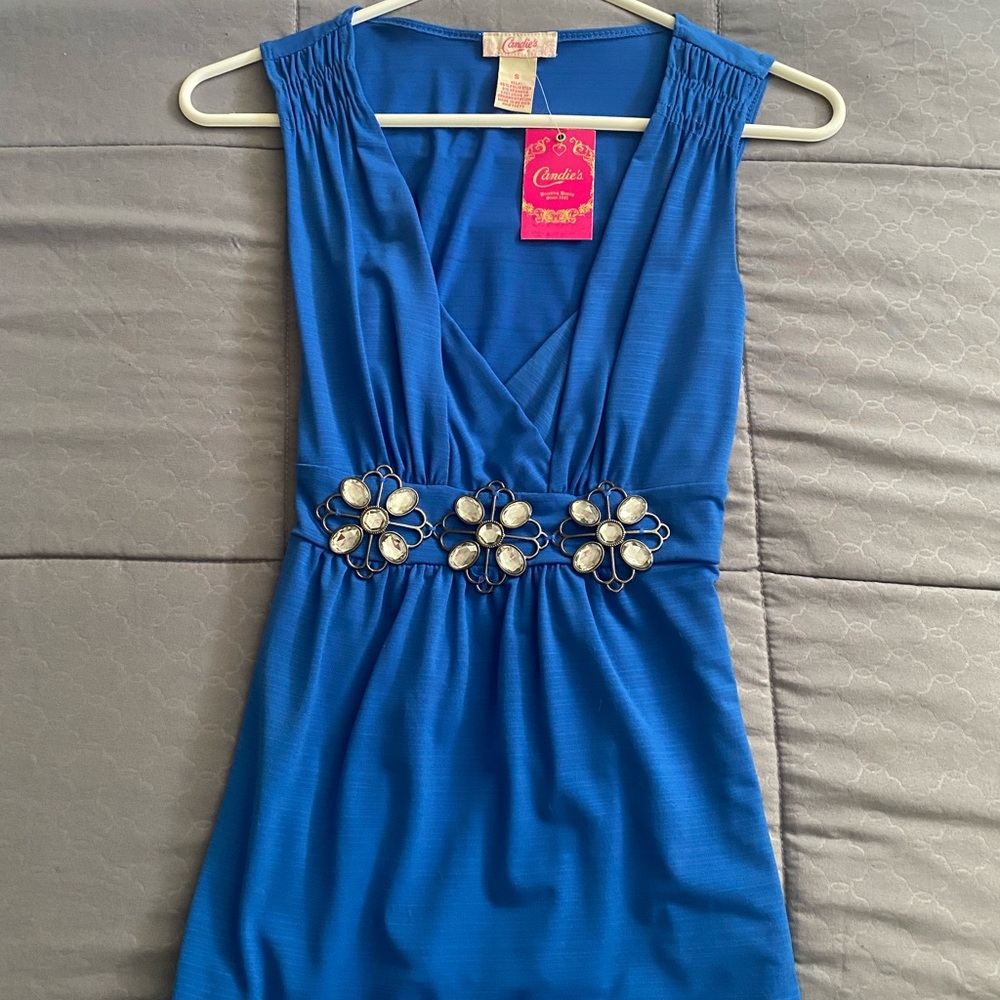 Candies Blue sleeveless top w ornamentation. Small poly/spand NWT never worn.